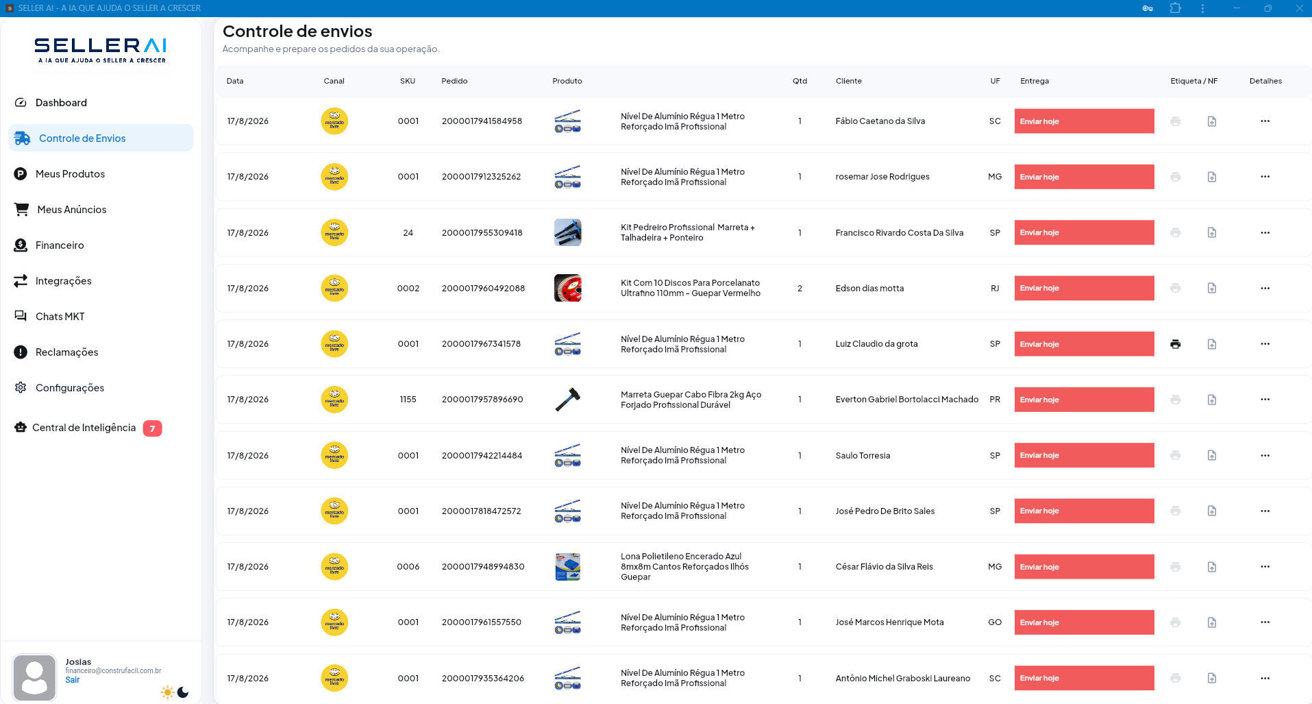Controle de Envios do SELLER AI com pedidos, clientes, status de entrega e etiquetas