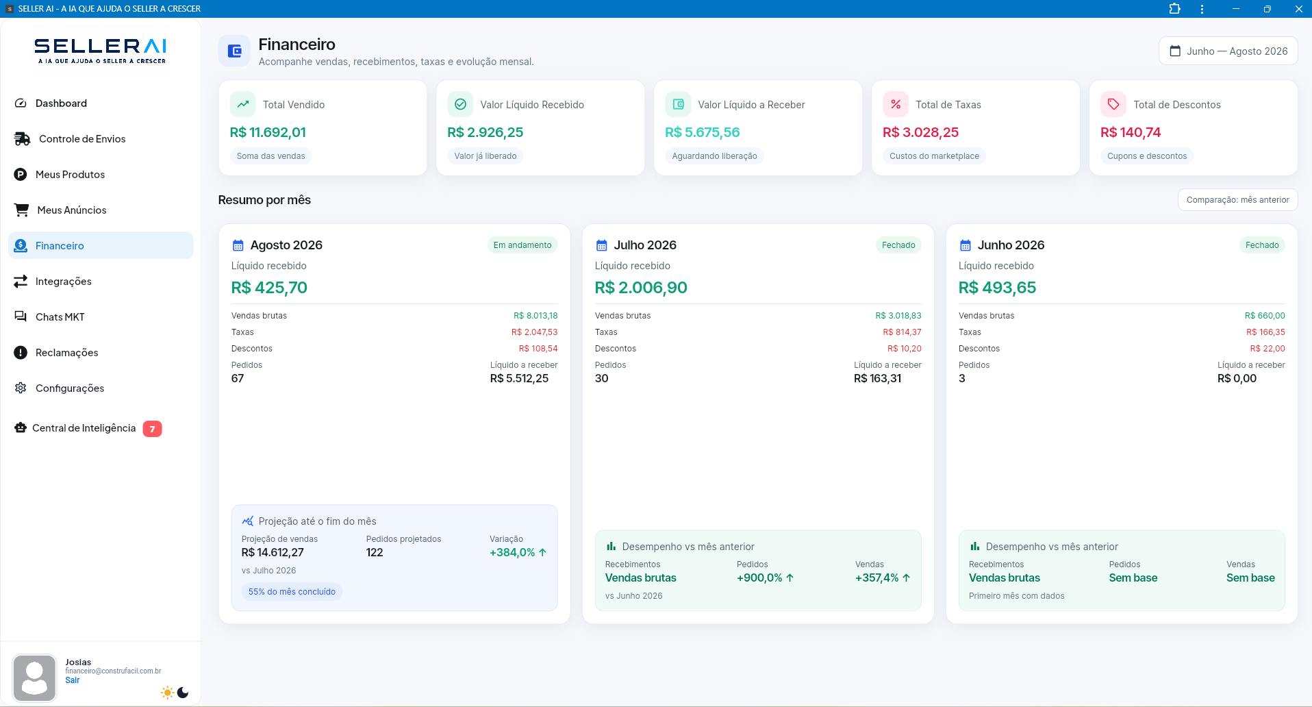 Financeiro do SELLER AI com total vendido, recebido, a receber, taxas, descontos e resumo mensal